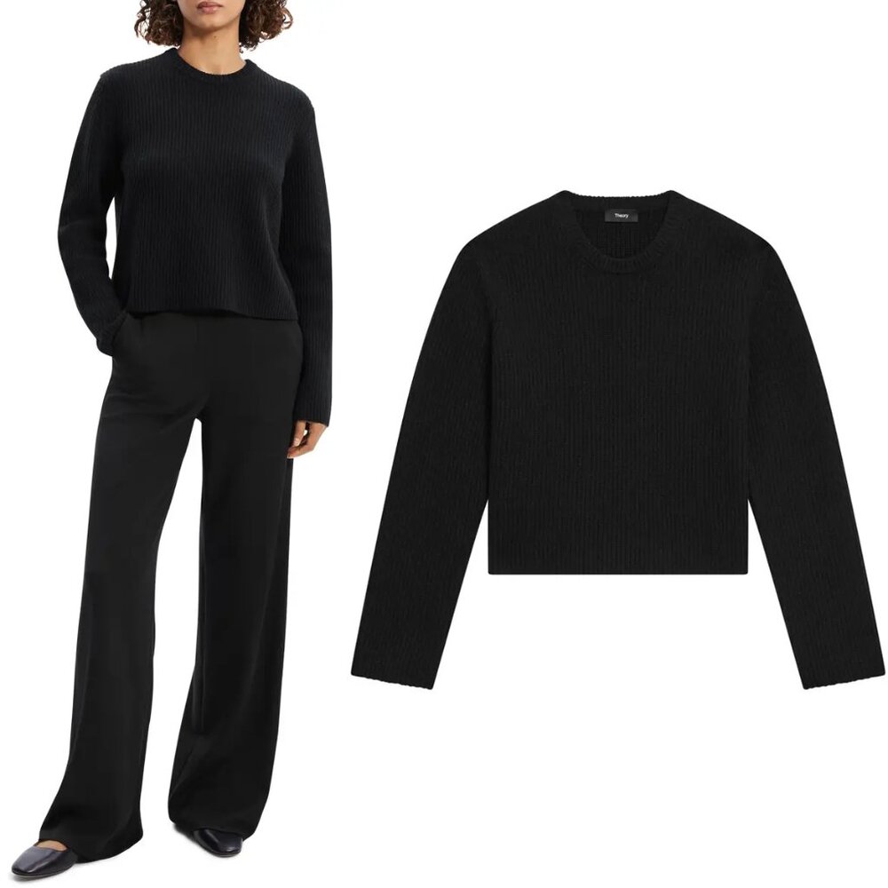 Theory Boxy Long Sleeves Felted Wool Cashmere Rib Sweater in Black Size L $425 - Picture 2 of 16